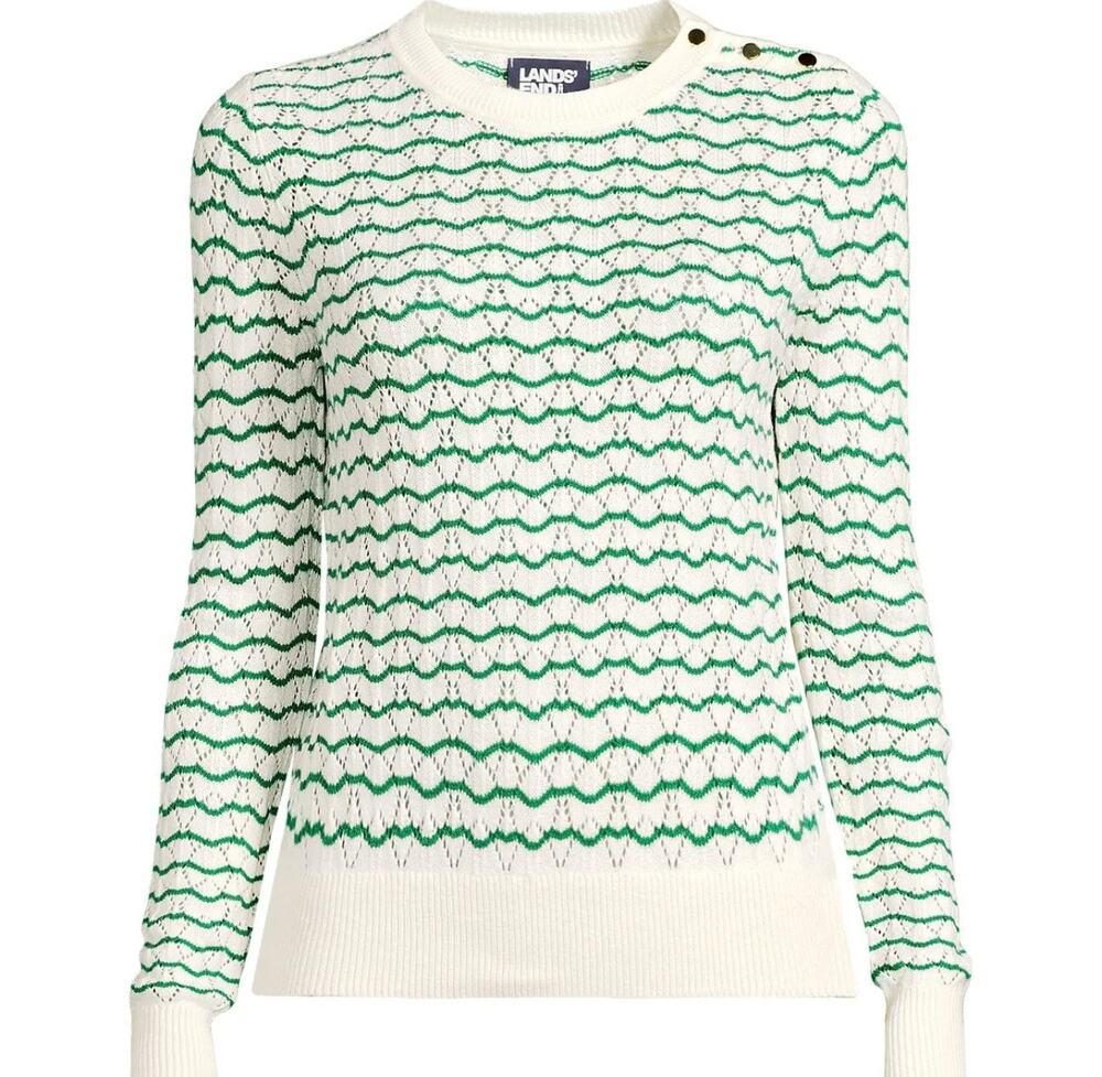 Lands End Green White Cotton Blend Pointelle Stripe Crew Button Trim Sweater MP